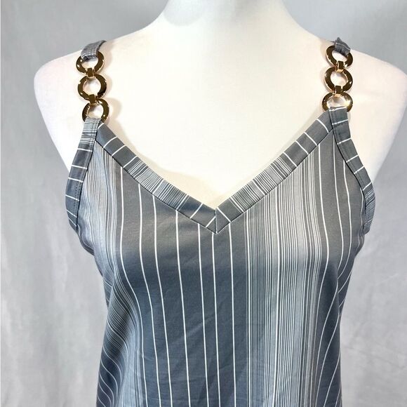 Gray & white striped cotton blend tank top with gold link straps size small NWT - Picture 3 of 6